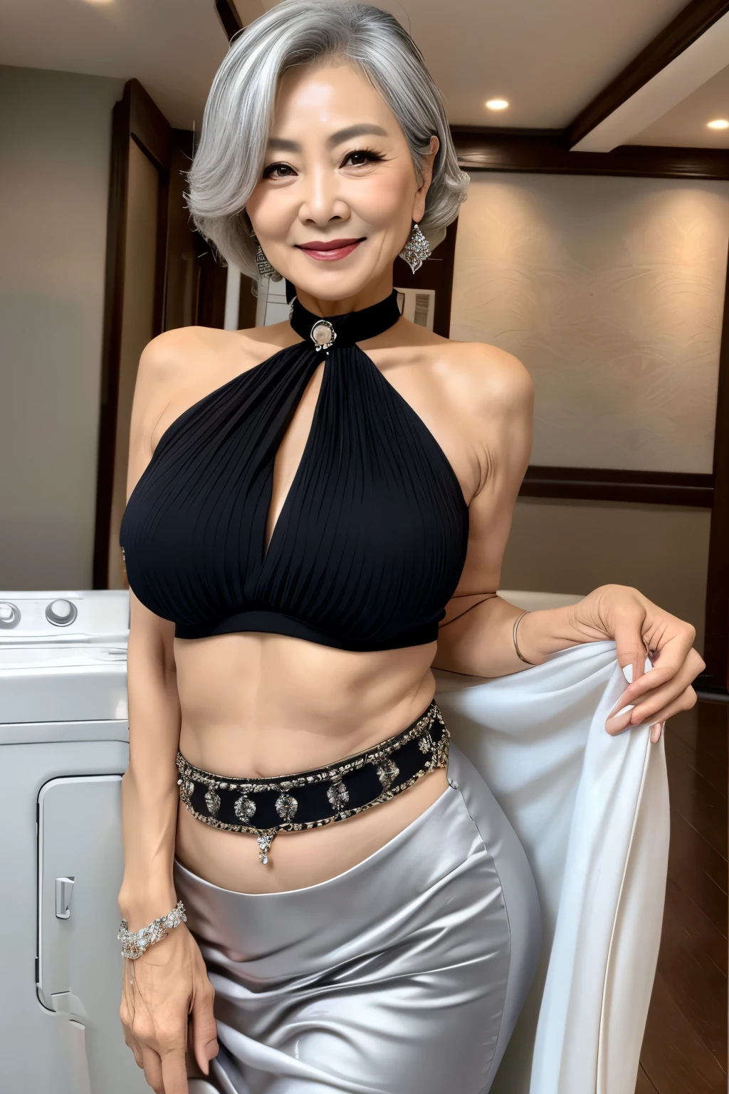 75 years old Mom MILF Korean, Lady large earring Big choker navel piercing decoration A bracelet Silver Hair realisitic Gorgeous Madame Beautiful Mature Woman sexy Smile Gentle woman navel piercing 4K High quality ゴージャスマダム美熟女