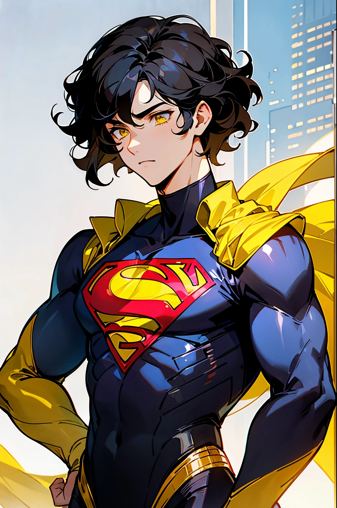 1male , Low taper fade , wavy hair ,short hair, black Hair , golden Eyes , Lean , male , white Body Suit , Serious Expression , Modern City Background , Yellow S symbol on chest, modern city background, upper body, superman shirt, arm, white arm sleeves, superhero suit, Superman S Symbol, no cape