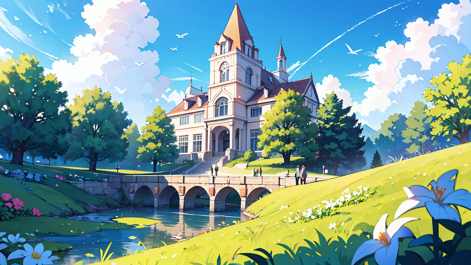 (걸작, 최고의 품질),인물은 자세하게 그린다,Create an image of a couple holding hands, walking up a set of stairs towards a beautiful blue sky with fluffy clouds. The scene conveys a sense of romance and connection, integrated into the sky as if part of the cloudscape. The ground is covered with lush green grass and dotted with white flowers, enhancing the dreamy and serene atmosphere.