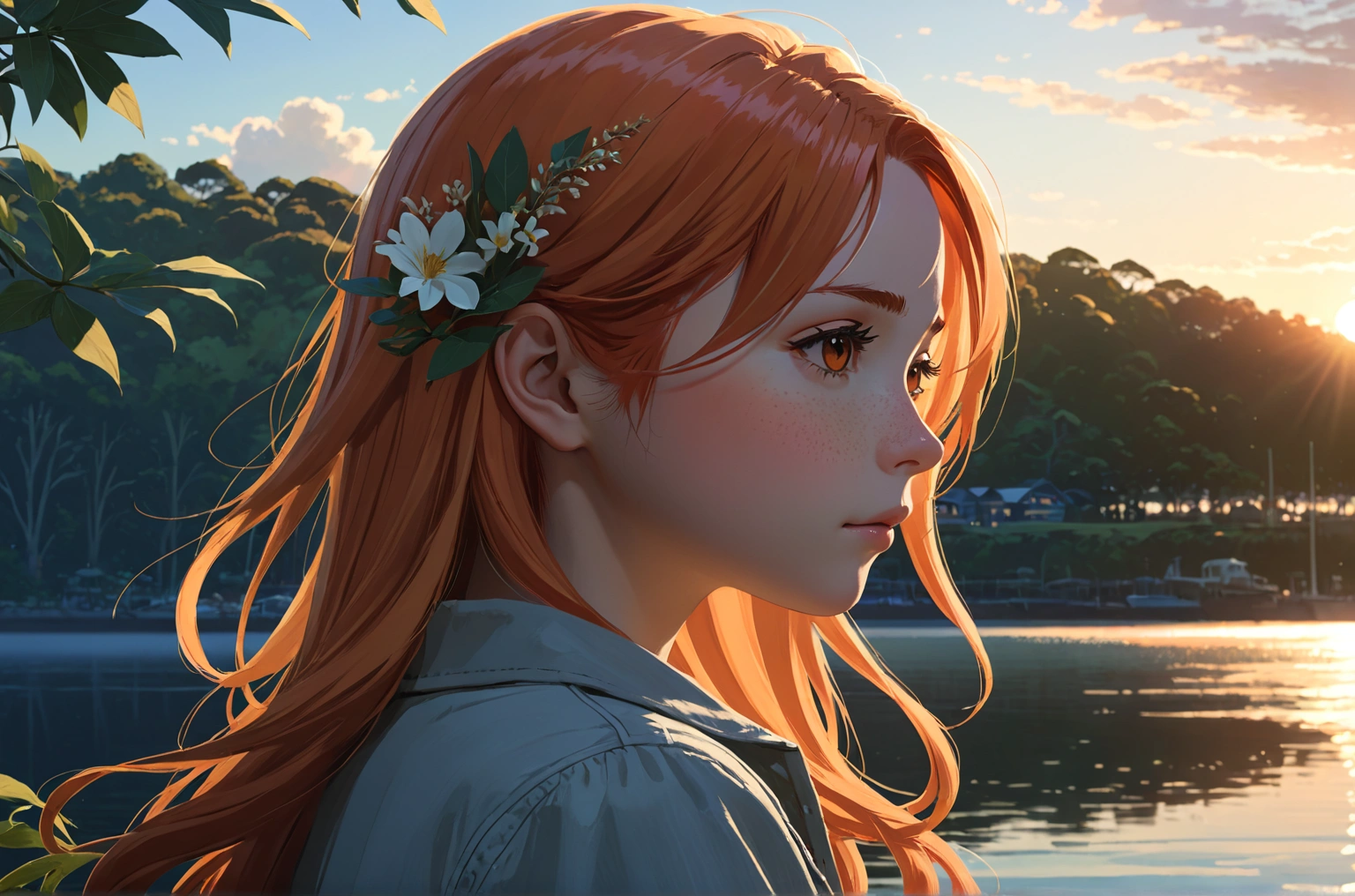 Uses Makoto Shinkai&#39;s depiction perfectly,Portrait of Halie Loren,8k 4k masterpiece photo ,Sydney,Close-up of profile,Beautiful in profile,Semi-long hair,Orange Hair,Look in a different direction,Nestled on the lakeside,Quiet morning