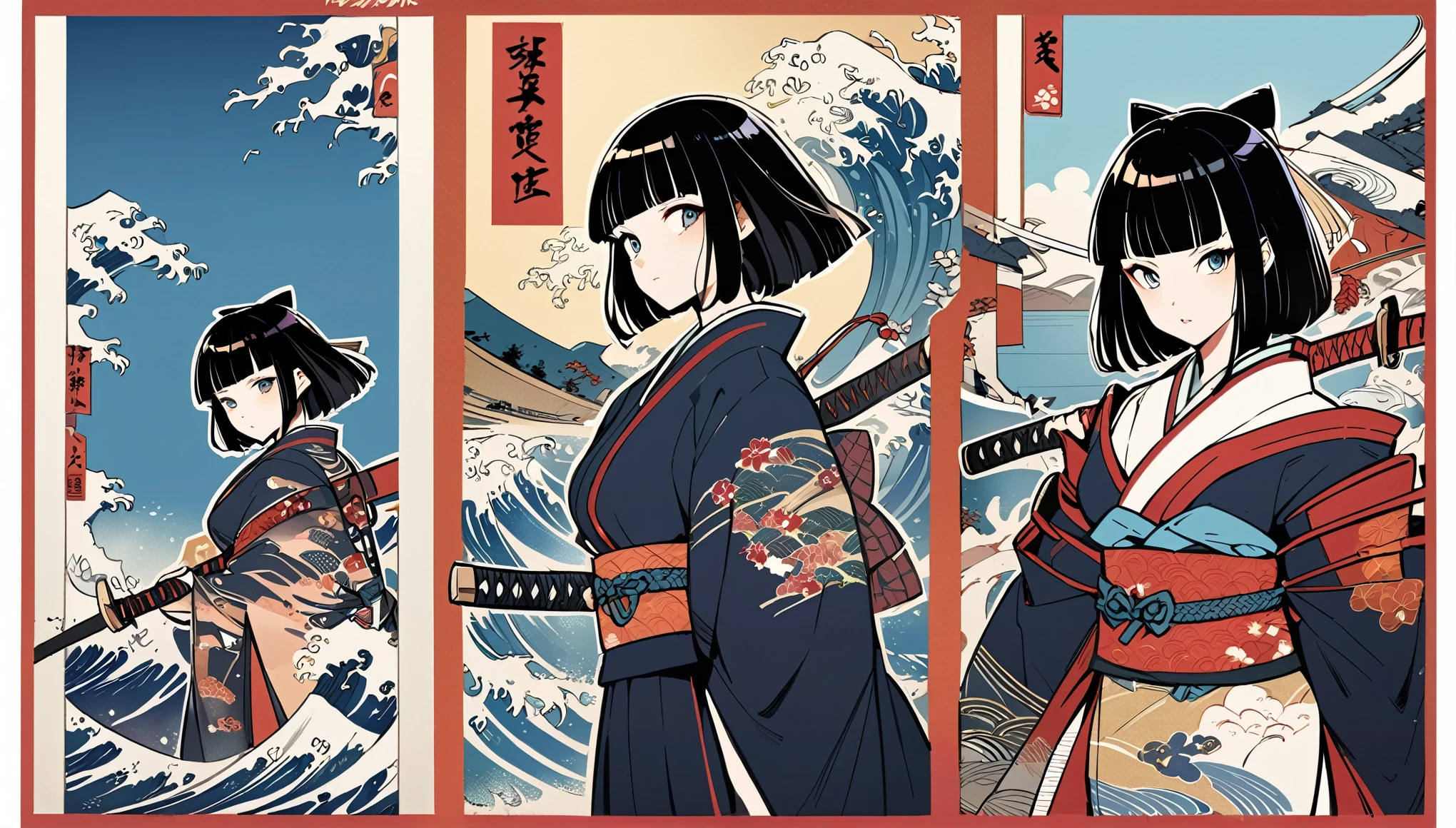 ((3girl)), cyborg girls, horror tied colorful kimono, mechanical body rusty, expressionism, horror, tubes and wires, anime 2d illust, art by otomo katsuhiro and kim junggi and toriyama akira