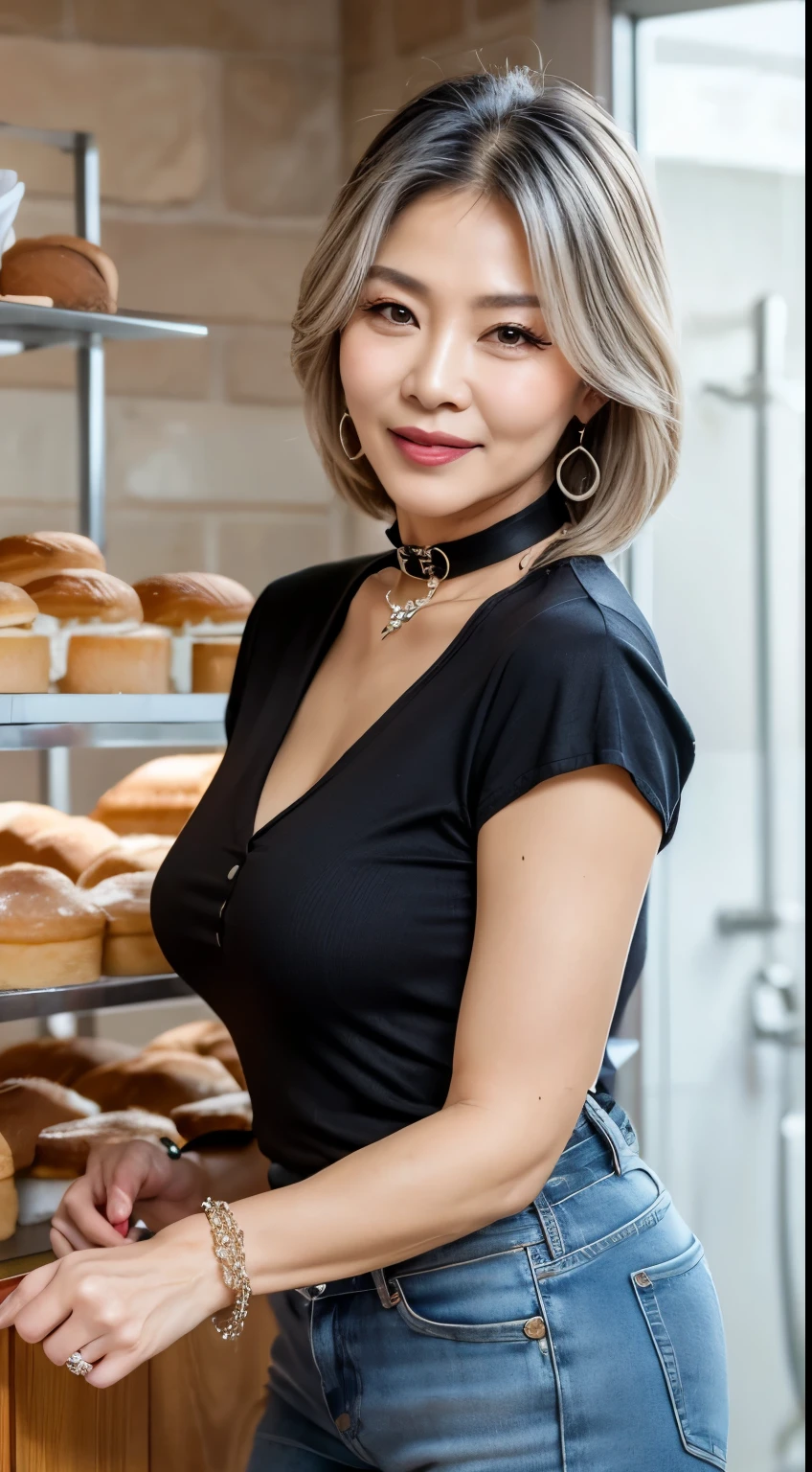 Gold satin collared shirt　75 years old　mom　milf　Korean, Lady　large earring　Big choker　navel piercing decoration　A bracelet　Silver Hair　realisitic　Gorgeous Madame Beautiful Mature Woman　sexly　Smile　Gentle woman navel piercing　４K　High quality bakery　Bakery Shop　sandwich　breakfast　Tight Skirt　Beautiful feet　Gorgeous Madame Beautiful Mature Woman　Chain belt