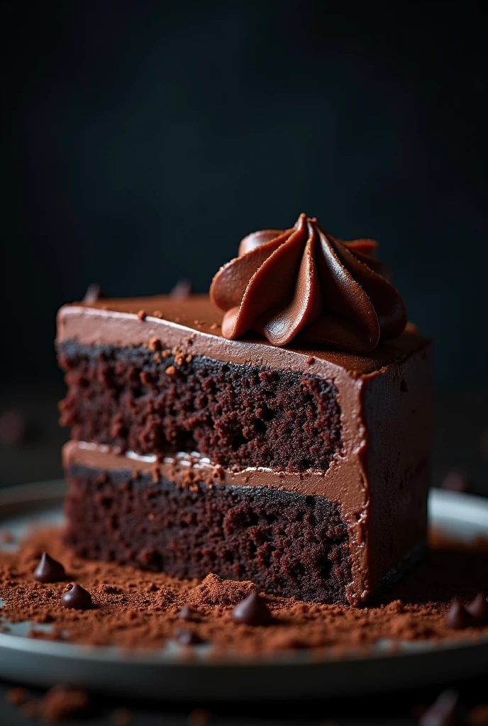 cinematic film still chocolate, chocolate cake, dark background, quality photo, moist texture, frosting, studio photo, slice . shallow depth of field, vignette, highly detailed, high budget, bokeh, cinemascope, moody, epic, gorgeous, film grain, grainy