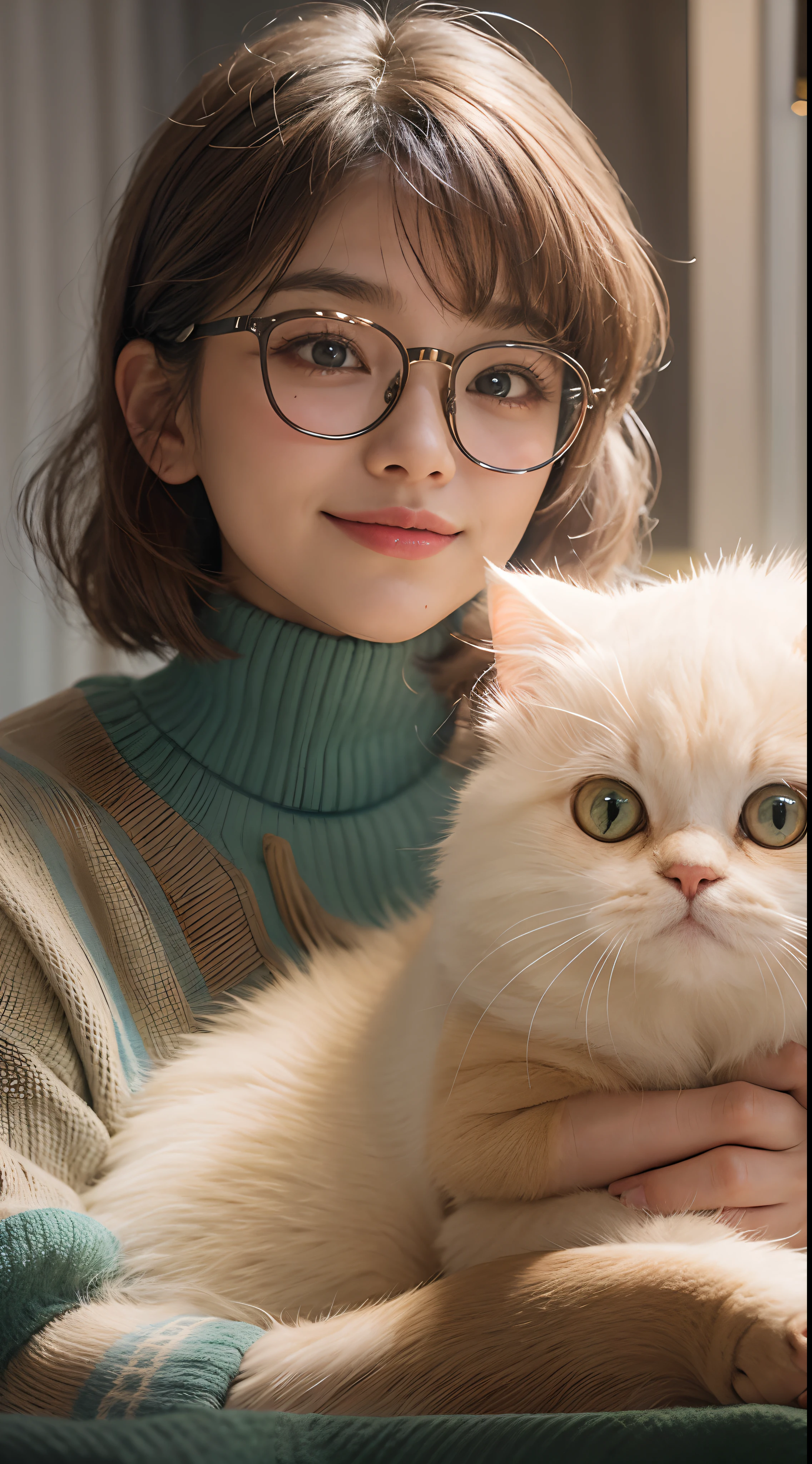 Design a heartwarming scene as the young Malay woman interacts with her beloved cat pet, big fluffy white persian cat, beautiful woman with beautiful small petite body, wear glasses, short golden brown hair, bob haircut with bangs, , showcasing the bond between them in a cozy home setting, bright lighting, happy, 8k, high quality, ray lighting,