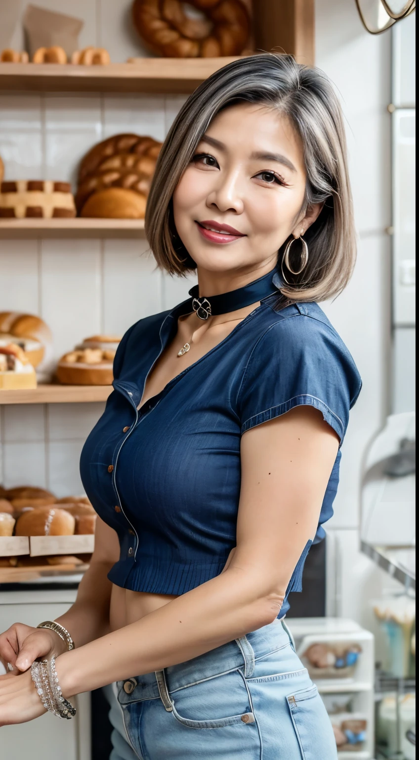 75 years old　mom　milf　Korean, Lady　large earring　Big choker　navel piercing decoration　A bracelet　Silver Hair　realisitic　Gorgeous Madame Beautiful Mature Woman　sexly　Smile　Gentle woman navel piercing　４K　High quality gorgeous madam beautiful mature woman　Bakery Shop