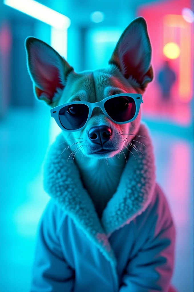 The best cell phone wallpaper, Award-Winning Wallpaper, portrait photography, In the front view is a portrait of a cute dog wearing mid-1960s space age fashion, Side view photo, Shot with Canon EOS R5, Set a strong contrast that accentuates the subject, Fluorescent blue tone, Wearing a very modern coat and sunglasses is a modern 1960s style, Clothes all in one color, beautiful background