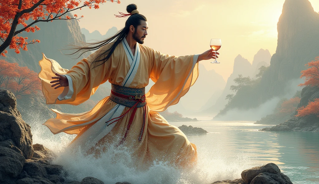 Hyperrealistic style,Li Bai,Tang Dynasty,drink wine,Sword Dance,If you don’t see it, the water of the Yellow River comes from the sky and rushes to the sea never to return.