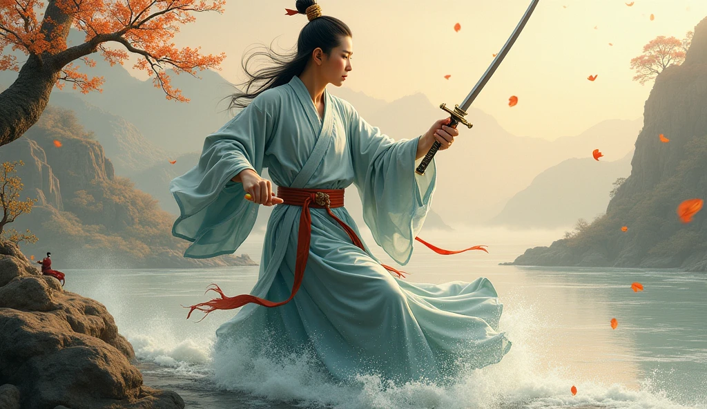Hyperrealistic style,Li Bai,Tang Dynasty,drink wine,Sword Dance,If you don’t see it, the water of the Yellow River comes from the sky and rushes to the sea never to return.