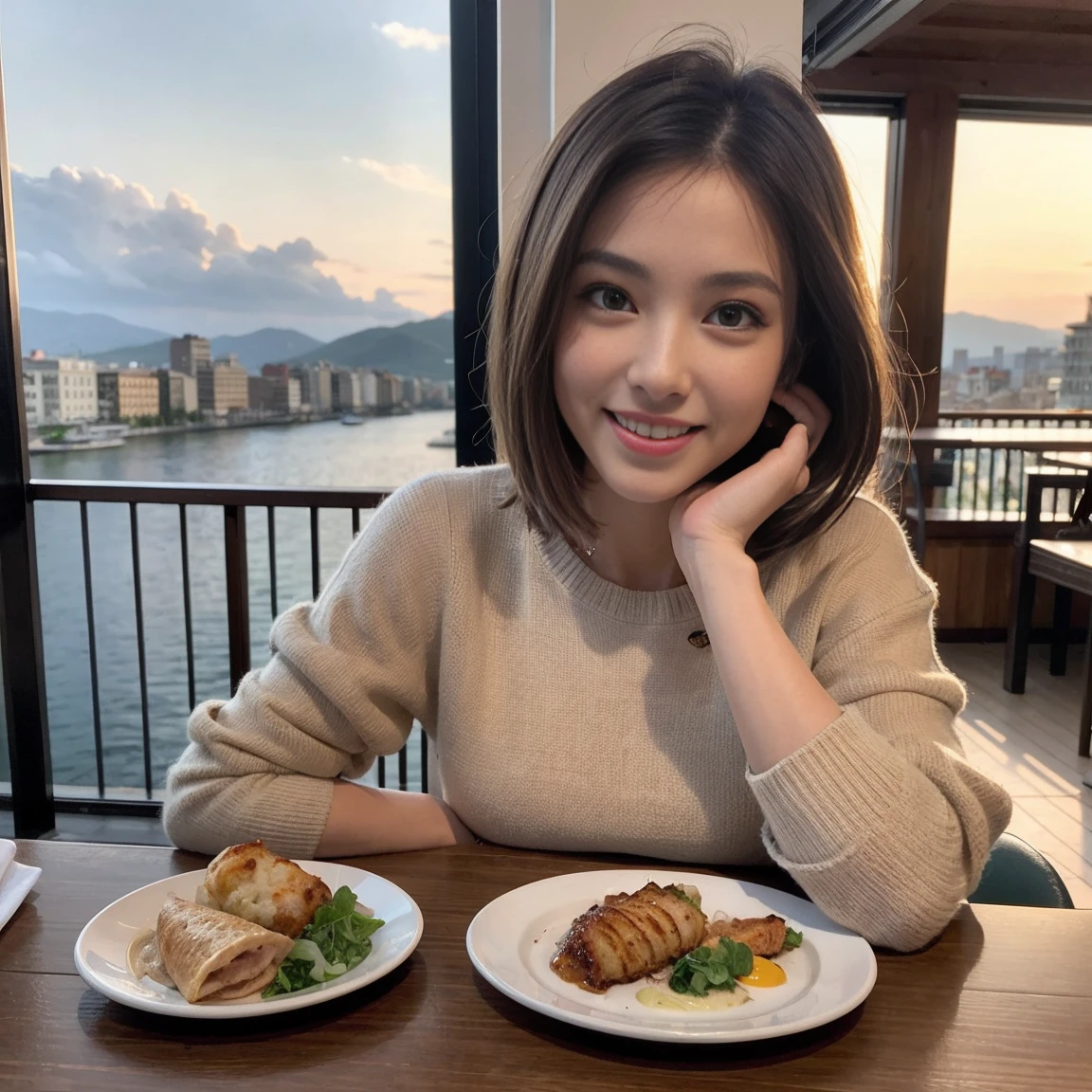 (Realistic:1.1),(masterpiece,Highest quality),8k,(49 years old), 53 years old, ベリーslimボディ、slimカップル、Tight waist,Upper Body,full-course dinner、wine 、Amazing view of the sunset sky and clouds、Perfect Anatomy, Brown Hair, short hair,Random Hairstyles,((Highly detailed face and eyes:1.2)),Perfect golden ratio face,Long sleeve shirt、dress,(smile:1.2)、Shortcuts、cute、(Realistic, Intricate details:1.2), A bright smile、short hair,Bright Face、赤wine 、Appetizers、Italian food、wine bottle、Champagne、スパークリングwine、(slimな顔), (The body is slim), (Brown Hair), (Shortcuts), Upper Body, 白wine, slim, wineグラス,
