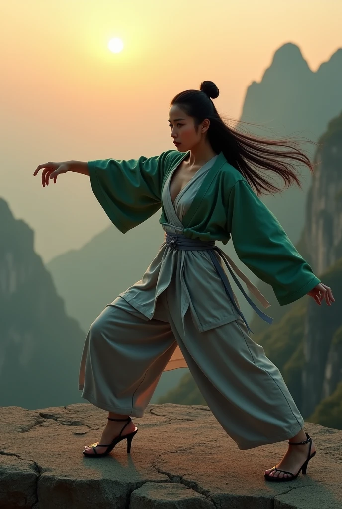 Birdseye view. beautiful woman, born Thai-korean as Tsunade Senju with a diamond mark on her forehead from the anime series “Naruto.” 30 years old at amidst Huangshan Mountain at sunset. dynamic martial arts on top cliff. she wears a green cardigan untied and deep v neckline gray kimono untied . (the round a green cardigan is getting bigger, like a balloon about to pop). black long hair. chuckle. black open-toed sandals with high heels. high resolution, realistic, 8k