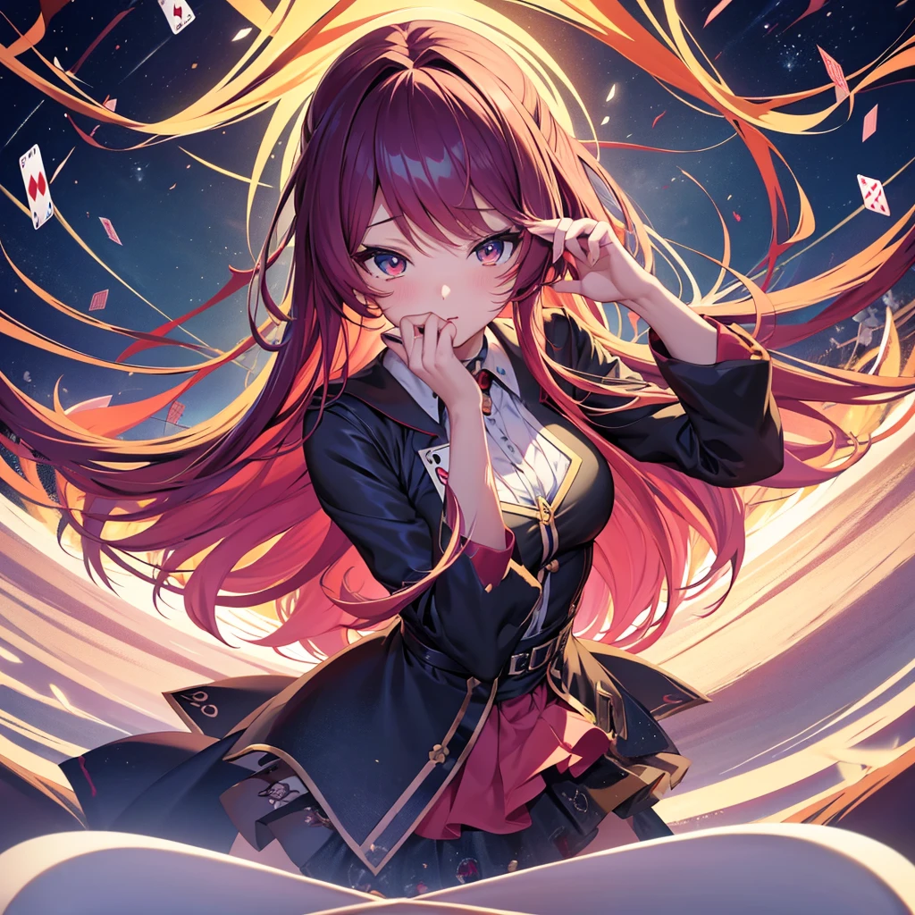 anime girl holding up three poker card to her face, card art, poker card style, anime wallpaper 4k, anime wallpaper 4 k, card game, playing cards, cards, 4k anime wallpaper, anime style 4 k, card game illustration, anime art wallpaper 4k, anime art wallpaper 4 k