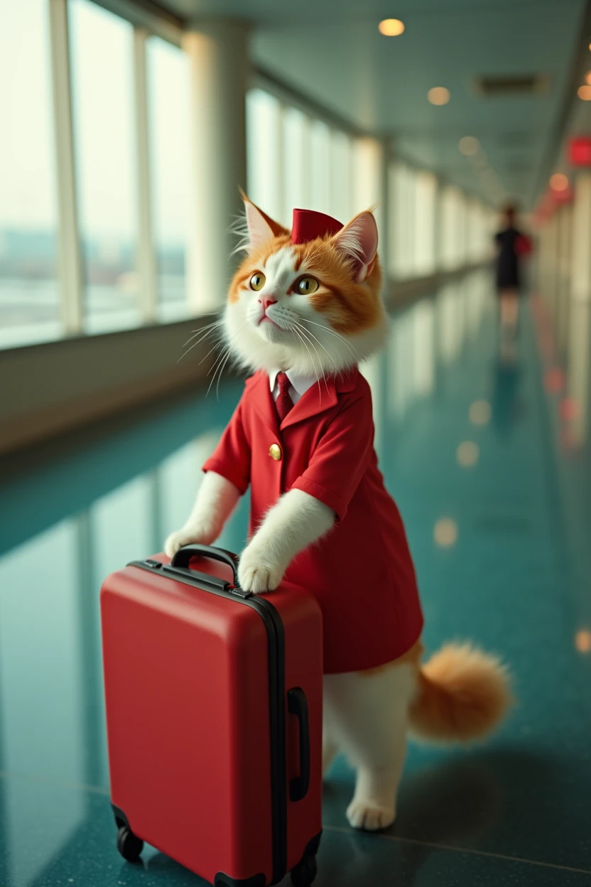 35mm lens，Multiple angles，Beautiful Cat，cute，sexly，Personification，Back，Side，silhouette，Overhead shot，Cat，Standing，Doll，Airline stewardess，Trolley case，，AIRPORT，Airline stewardess， cloak,Ruan Jia,，Work clothes，tie, (Delicate face), (Fine fluffy fur)，（35mm Cinema Lens），（Multi-angle shooting），（many viewing angles）