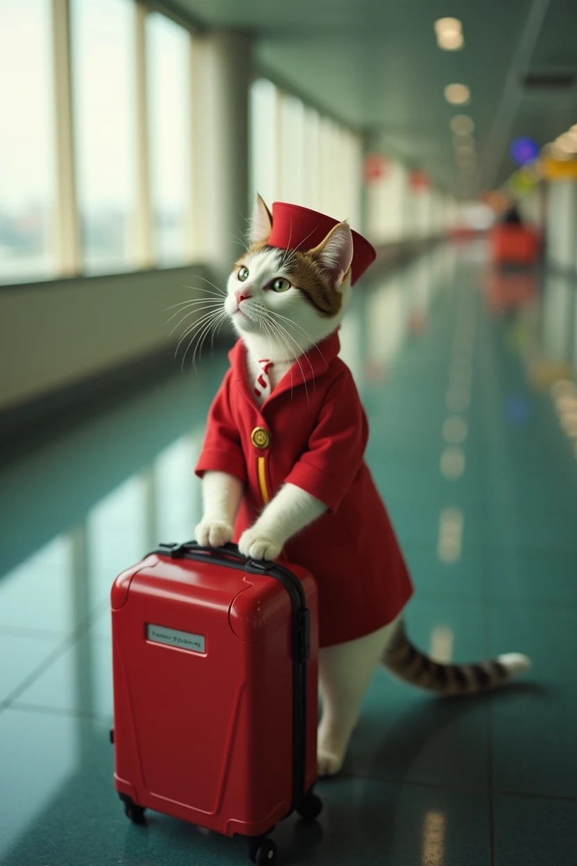 35mm lens,Multiple angles,Beautiful Cat,cute,sexly,Personification,Back,Side,silhouette,Overhead shot,Cat,Standing,Doll,Airline stewardess,Trolley case,,AIRPORT,Airline stewardess, cloak,Ruan Jia,,Work clothes,tie, (Delicate face), (Fine fluffy fur),(35mm Cinema Lens),(Multi-angle shooting),(many viewing angles)