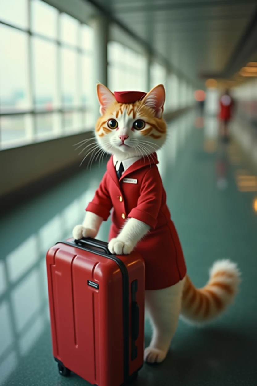 35mm lens，Multiple angles，Beautiful Cat，cute，sexly，Personification，Back，Side，silhouette，Overhead shot，Cat，Standing，Doll，Airline stewardess，Trolley case，，AIRPORT，Airline stewardess， cloak,Ruan Jia,，Work clothes，tie, (Delicate face), (Fine fluffy fur)，（35mm Cinema Lens），（Multi-angle shooting），（many viewing angles）