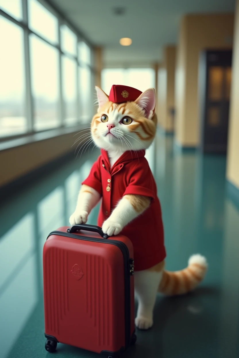 35mm lens,Multiple angles,Beautiful Cat,cute,sexly,Personification,Back,Side,silhouette,Overhead shot,Cat,Standing,Doll,Airline stewardess,Trolley case,,AIRPORT,Airline stewardess, cloak,Ruan Jia,,Work clothes,tie, (Delicate face), (Fine fluffy fur),(35mm Cinema Lens),(Multi-angle shooting),(many viewing angles)