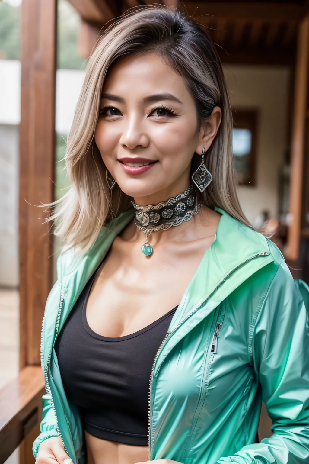 75 years old　mom　milf　Korean, Lady　large earring　Big choker　navel piercing decoration　A bracelet　Silver Hair　realisitic　Gorgeous Madame Beautiful Mature Woman　sexly　Smile　Gentle woman navel piercing　４K　High quality gorgeous madam beautiful mature woman　Windbreaker