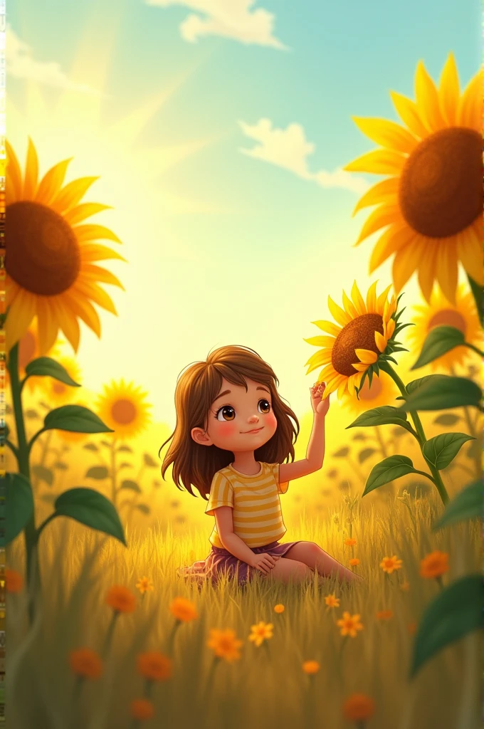 a blind girl sitting in a sunflowers field with many flowers around. She sits in the centre, she is small. Field on a small hill. The perspective is from the outside in. The sat next to the flowers and enjoyed the sunlight. The flowers are small and grow around. The sun shines down on the her, the girl is immersed in the sunlight. The is touching a flower, sunlight shining on her face. She is small. Cartoon picture. She is smaller than flowers. Flowers are higher than the girl. Just have a few flower. Have sunlight. She is blind, she is 8 .