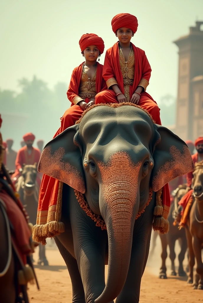 Two young male children of Tipu Sultan aged 7 and 10 wearing red cotton turbans and gown of the 18th century Indian costumes sitting on back of a gigantic elephant in a decorated silver Hooda. A old mahooth sitting on the head of the elephant is controlling and coming out of the gates of Srirangapatna. Tipu Sultan's cavalry and camel mounted soldiers are following them as part of the procession. The whole seen is in UHD resolution from the ground level shot in Very high resolution