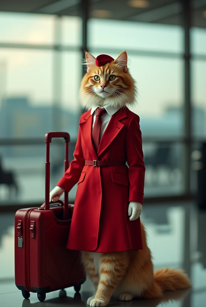 35mm lens,Multiple angles,漂亮的Cat,cute,Sexy,Personification,Back,side,silhouette,Overhead shot,Cat,Standing,doll,Airline stewardess,Trolley case,,AIRPORT,Airline stewardess, cloak,Ruan Jia,,Work clothes,tie, (Delicate face), (Fine fluffy fur),(35mm Cinema Lens),(Multi-angle shooting),(many viewing angles)
