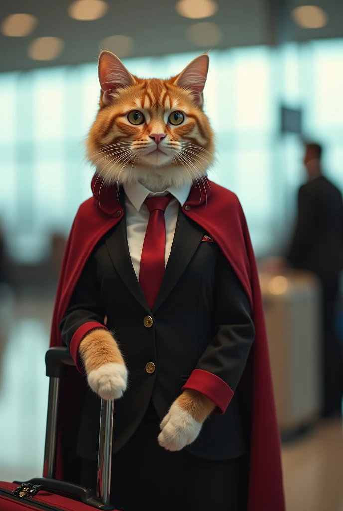 35mm lens，Multiple angles，漂亮的Cat，cute，Sexy，Personification，Back，side，silhouette，Overhead shot，Cat，Standing，doll，Airline stewardess，Trolley case，，AIRPORT，Airline stewardess， cloak,Ruan Jia,，Work clothes，tie, (Delicate face), (Fine fluffy fur)，（35mm Cinema Lens），（Multi-angle shooting），（many viewing angles）