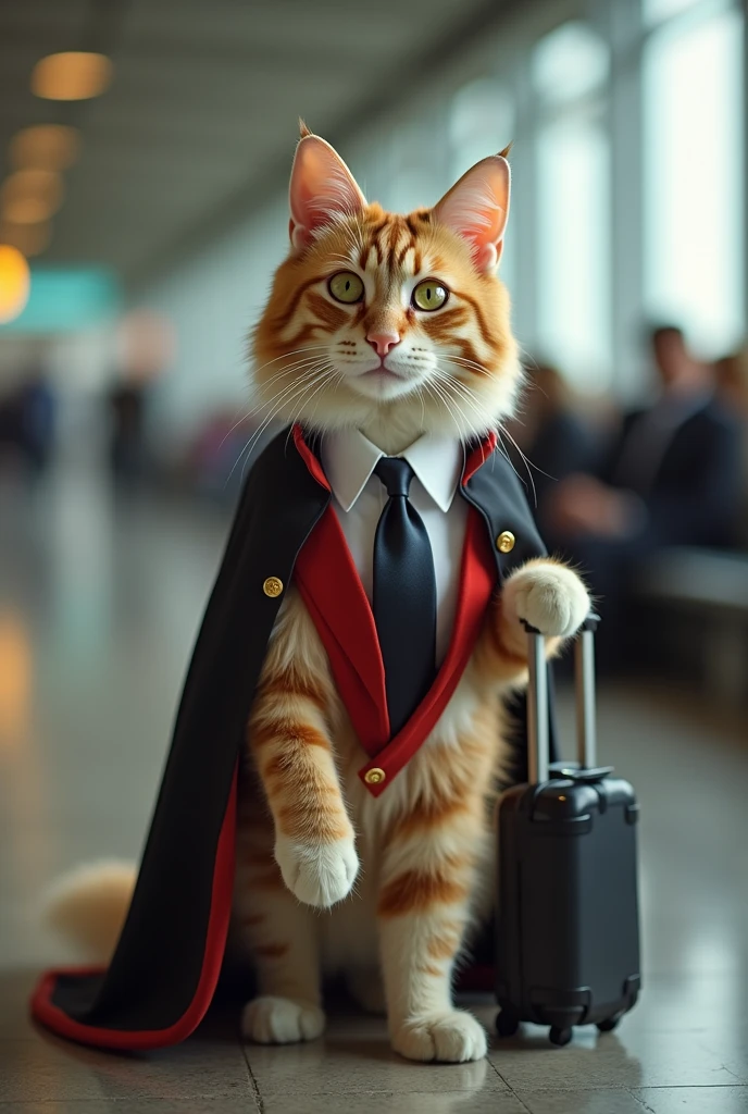 35mm lens,Multiple angles,漂亮的Cat,cute,Sexy,Personification,Back,side,silhouette,Overhead shot,Cat,Standing,doll,Airline stewardess,Trolley case,,AIRPORT,Airline stewardess, cloak,Ruan Jia,,Work clothes,tie, (Delicate face), (Fine fluffy fur),(35mm Cinema Lens),(Multi-angle shooting),(many viewing angles)