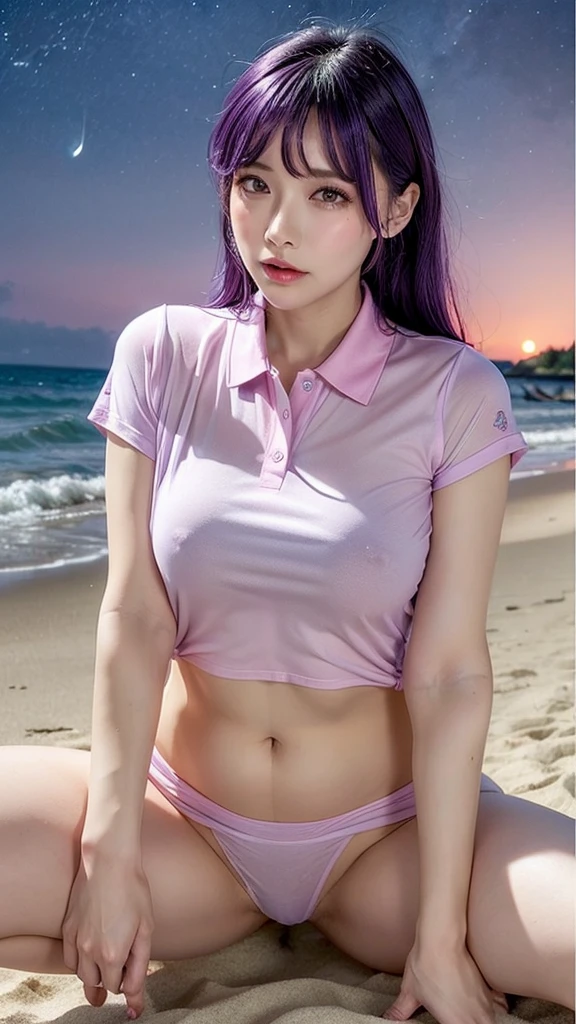 See-through pink polo shirt for office ladies、Erect nipples、Big Tits、Transparent OL shirt、panties、Seaside、Night Sky、Starry Sky、Beach、Pussy line、Bite、Spread your legs、Purple hair