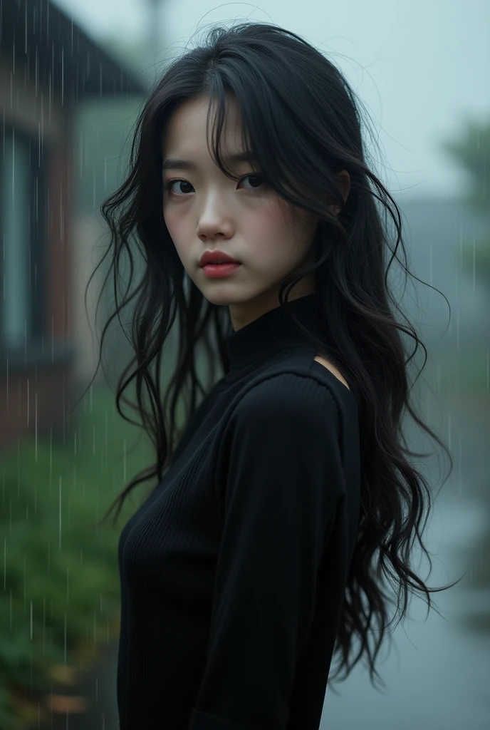 Beautiful cute girl with wavy long hair,Korean,aesthetic black tomboy dress with rainy background