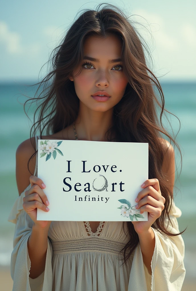 Beautiful girl with wavy long hair, bohemian dress, holding a white board with text "I Love Seaart Infinity" and showing it to the viewer