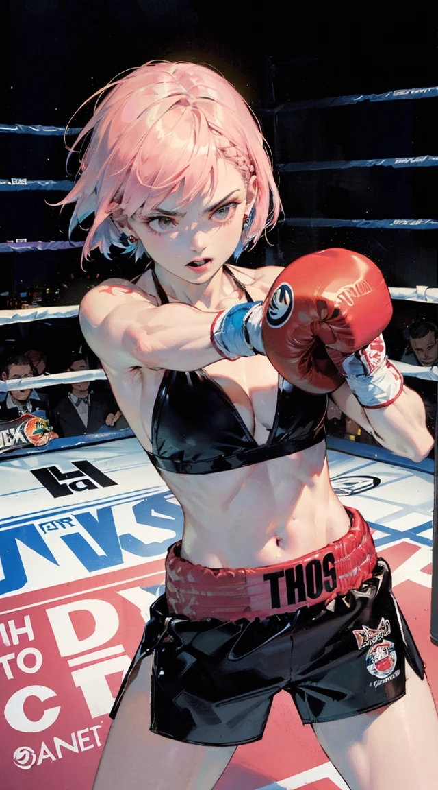 (((top quality: 1.4))),(A masterpiece like no other in history), (ultra high resolution),(Ultra-realistic 8k CG), official art,dynamic pose,dynamic angle,((Boxing Fighting Poses:1.5)), (((adult body))), (((1 girl))), ((( bob short hair ))), punk girl with perfect body, Jacket with metal spine,Beautiful and well-shaped face,((See here)),Detailed punk fashion,leather jacket, (Image from head to thighs),((Pink bob short hair )), ((small leather micro sling bikini:1.0)), Simon Bisley's urban and brutal style,Detailed street background of London,rainy city,beautiful abs, Complex graphics, (( Lots of poisonous tattoos )), earrings, Imagine a powerful kickboxer, standing confidently in a fighting stance, with defined muscles and a determined expression. She has long, braided hair styled in intricate boxer braids, which add to her fierce appearance. She wears traditional kickboxing attire, perhaps shorts and a tank top, along with hand wraps and gloves. The background could feature a gym setting or a ring, emphasizing her dedication to training and combat sports. This combination captures the essence of a kickboxing fighter with boxer braids.
