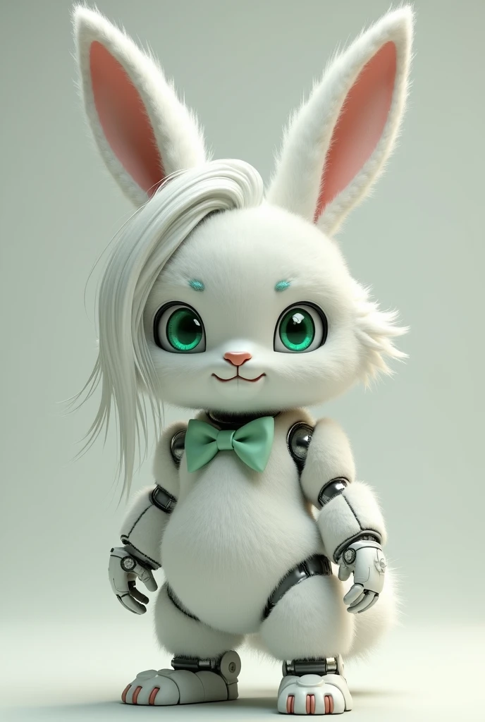 Generate a white robot bunny, about 6 ft tall, Handsome, with emerald green eyes, a smirk on his face, white fur, muscular, wearing a light green bow, long hair covering his right eye and long hair reaching his back