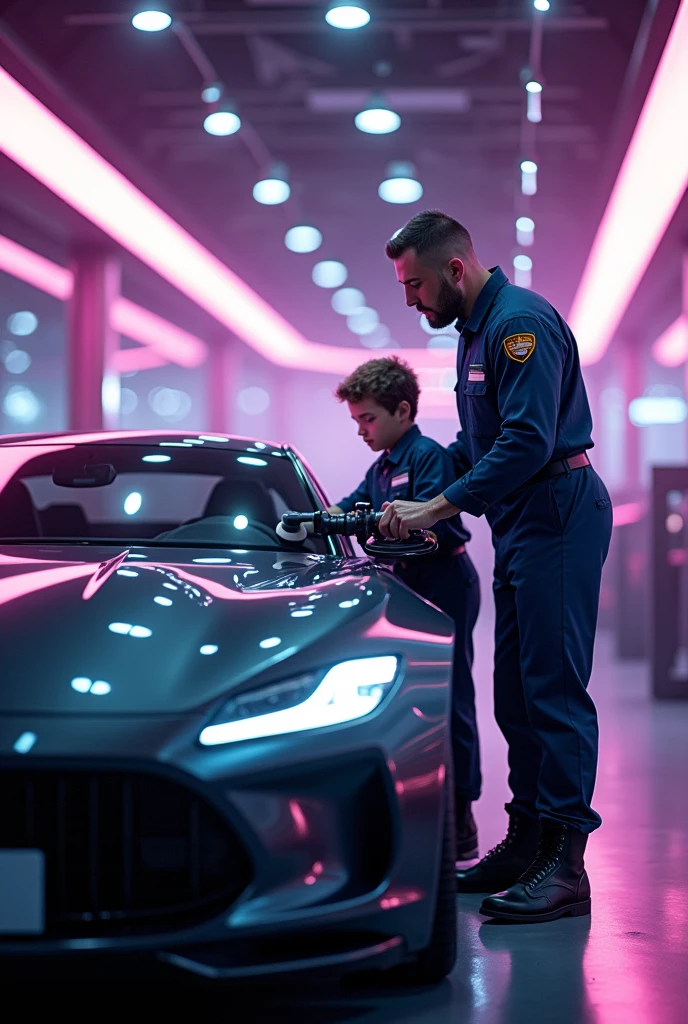 Automotive aesthetics space in purple tones, lots of lights on the ceiling, with a man in uniform with his son polishing a car with a polishing machine in his hand and looking forward