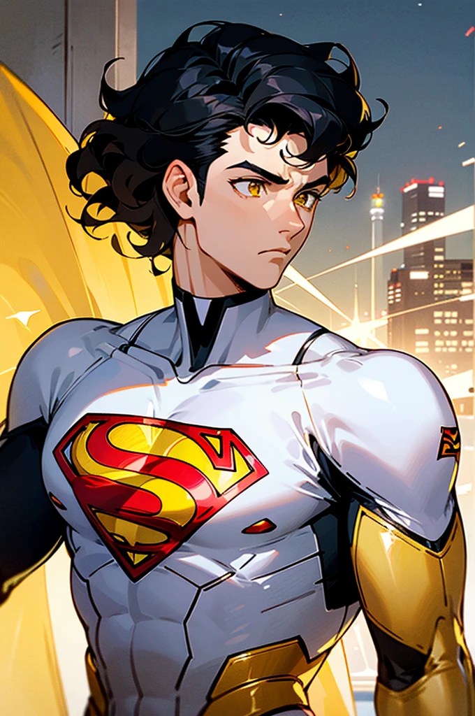 1male , Low taper fade , wavy hair ,short hair, black Hair , golden Eyes , Lean ,teen male , white Body Suit , Serious Expression , Modern City Background , Yellow S symbol on chest, modern city background, upper body, superman shirt, arm, white arm sleeves, superhero suit, Superman S Symbol,
