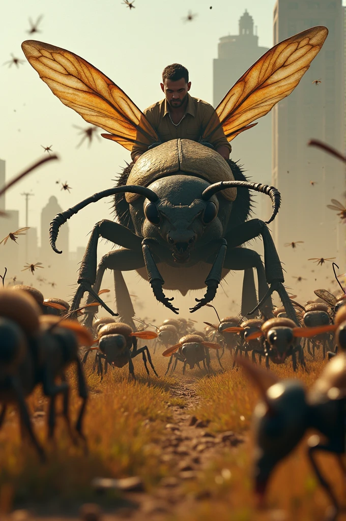 An army of humans riding bees and ants confronting a man riding a giant beetle 
