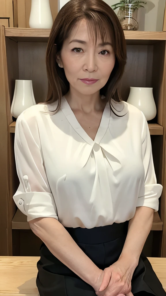 High resolution, High resolution, Attention to detail, masterpiece,(loose body), Anatomically correct, sharp, ((Japanese Mature)),(80 years old:1.3),((Facial wrinkles)),Sagging breasts,Fair skin, Dark Brown Hair,(Long Hair), bangs,(((Stand upright, facing the center))),Look at the photographer, Looking Ahead,(White blouse:1.4),(Tight Skirt:1.2),(Sitting),(Thighs:1.4),Inside the warehouse,(Serious expression),(old woman:1.2),Mature Housewife