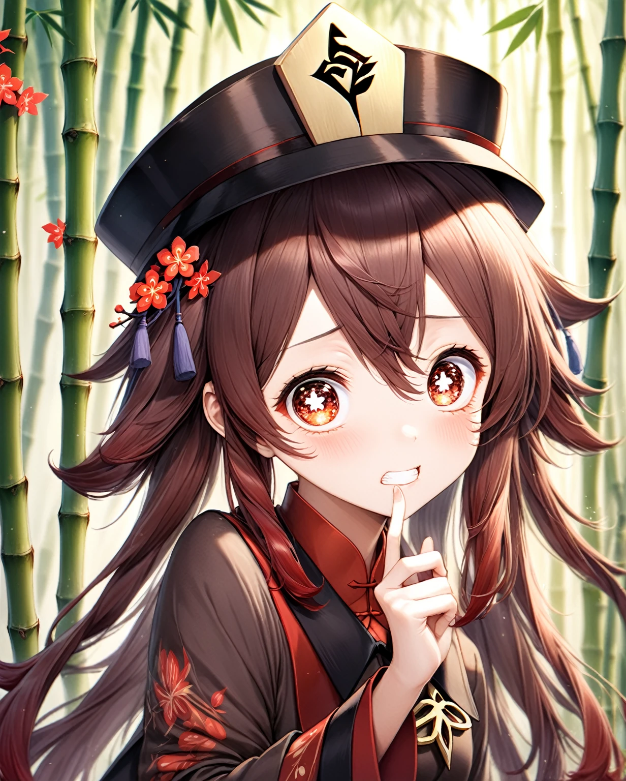 masterpiece, Highest quality, Soft lighting, Absurd, One girl, Focus Only, Skin defects, Skin Dentition, Perfect Face, Swollen face, Beautiful Face, Big eyes, Puffy eyes, Perfect Eyes, eyelash, Hu Tao (Genshin Impact) from Genshin Impact, Outdoor, bamboo forest, 8k, 超High resolution, High resolution, (masterpiece:1. 5), (Highest quality:1. 5)