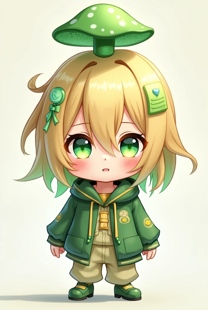 gender: man
age: Hair color at age 15: Shiny blonde hairstyle:Cross your bangs to the right. Stand up some stray hairs on top. Dye the loose hair green.、The mesh is also green: Big and green、Mushroom-like contour: Cute boy clothes similar to women&#39;s: Idol-style anime style with shorts
