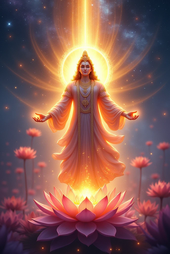 center focus: Shree Hari: Place Shree Hari prominently in the center of the thumbnail, portrayed in a majestic and inspiring posture. Your figure must be radiant, with a powerful golden glow that attracts immediate attention. Your serene smile must exude warmth and divinity, making it the focal point of the image. divine aura: Surround Shree Hari with a vibrant, pulsating aura that radiates outwards, creating a halo of intense light. The aura must be dynamic, with swirling particles of light and subtle, golden energy waves that convey your divine power and presence. Background: The background should be a striking mix of deep blues and purples., representing cosmic expansion. Incorporate vivid, swirling nebulae and distant stars to add depth and drama. Highlight celestial elements like glowing orbs and soft, ethereal patterns that suggest a divine, supernatural realm. Integrate sacred symbols, like the Om symbol or glowing mandalas, subtly glowing and swirling in the background, highlighting the spiritual theme and adding visual intrigue. Divine Elements: Place radiant and blooming lotuses around Shree Hari, with some hovering in the air, emanating soft light. Lotuses should be in vibrant colors — pink, purple and gold — adding contrast and visual appeal. Make the lotuses emit rays of light that interact with Shree Hari's aura, creating a sense of divine connection and harmony. Add dynamic light rays or beams erupting from the Shree Hari form crossing the diagonal thumbnail