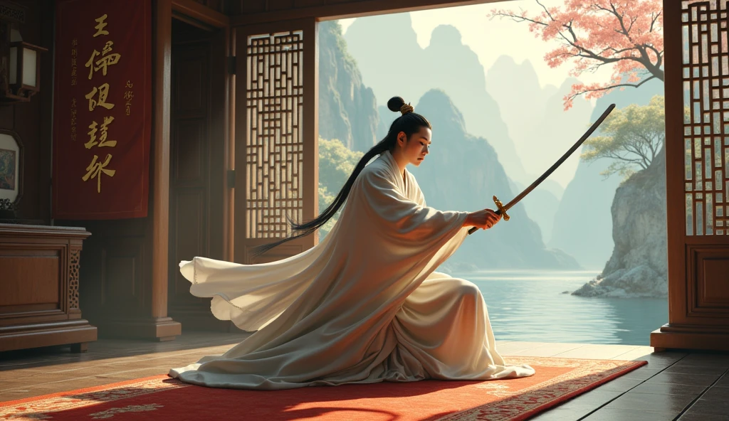 Hyperrealistic style,Li Bai danced the sword,Tang Dynasty,drink wine,male,Have you not seen the water of the Yellow River coming from the sky?,Flowing to the sea and never returning