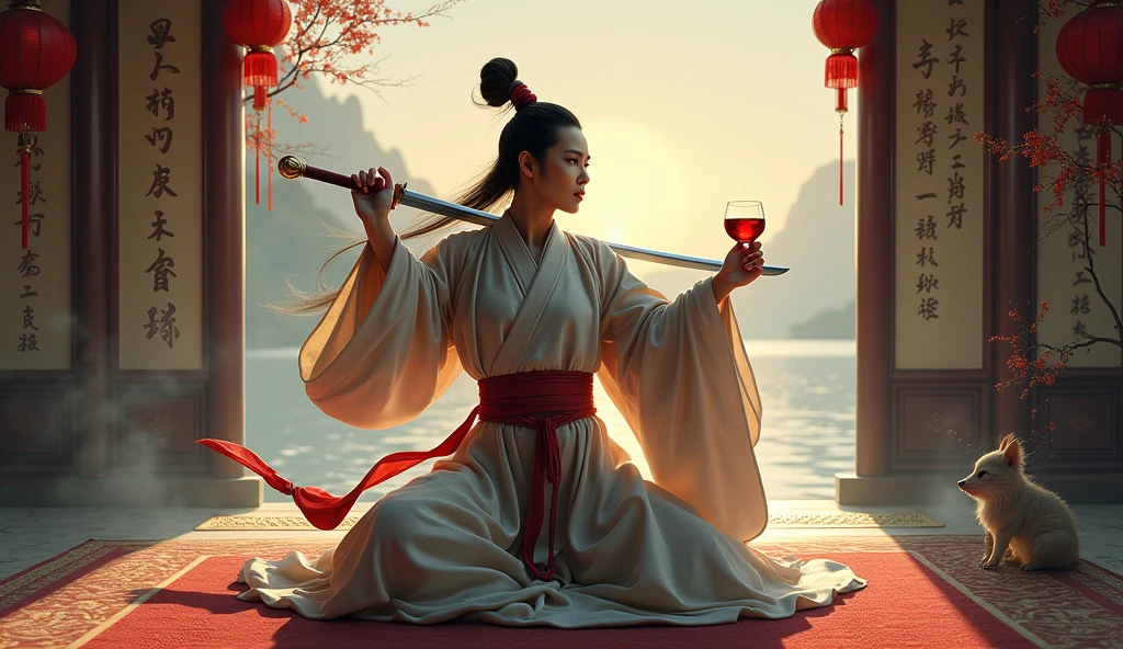 Hyperrealistic style，Li Bai danced the sword，Tang Dynasty，drink wine，male，Have you not seen the water of the Yellow River coming from the sky?，Flowing to the sea and never returning