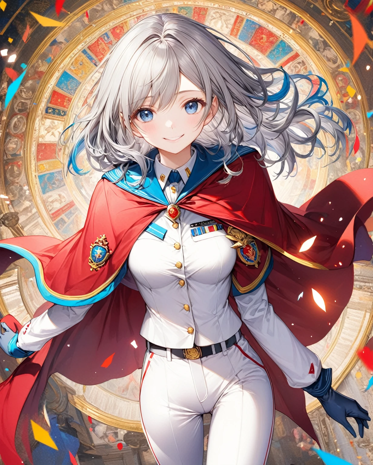 ,colorful,(masterpiece:1,2), Highest quality, masterpiece, High resolution, original, Highly detailed wallpaper, One girl ,smile,alone, Grey Hair, blue eyes, original_Costume,Red Cape,White pants, gloves, chest, uniform, large chest