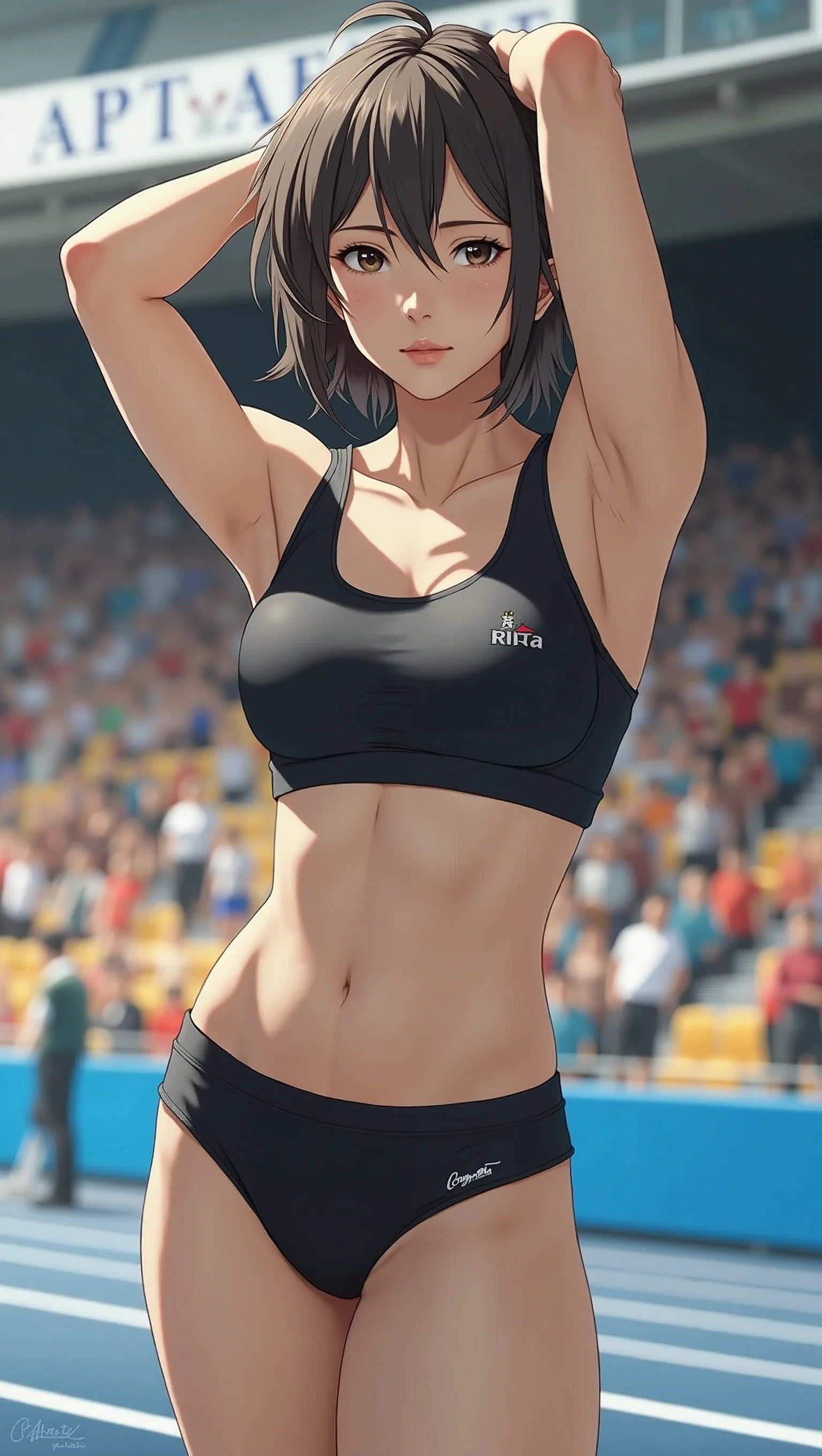 (masterpiece:1.2,Highest quality,Ultra-high resolution,Super detailed),(Photorealistic Stick:1.5),(RAW Photos:1.5),Elaborate photos,8k,wallpaper,Cinema Lighting,(Written boundary depth),(Sophisticated lighting:1.2),break(1 female:1.6),(Are standing),(Japanese),(front:1.6),(Underarm:1.6),(whole body:1,6),(look at me),(strict),break(short hair),(Beautiful Face,Beautiful Eyes,detailedな顔,,detailedな肌,detailedな肌の質感:1.3),(Sports Bra:1.5),(Racing Bloomer:1.5),(Racing Shoes),break(Muscular),(Sensual),(Thick thighs:1.2),(The background is an athletics stadium:1.6),(Blur the background:1.6),(Detailed hand),(hand,detailed,perfection,perfectionion,hand)