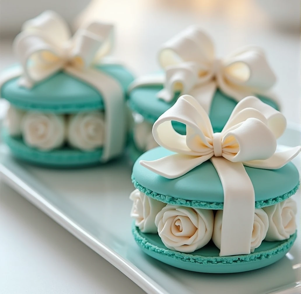 Fascinating, Exquisite details, best quality，masterpiece，Rich details，Symbolizes unlimited creativity and imagination. Surreal work，Inspired by Tiffany&#39;s gift box，蒂芙尼蓝色的马卡龙Creativity甜品，Decorated with white cream silk ribbon bow，The interlayer is white cream in the shape of a rose flower，Place on a clean white plate，Full of advanced、Luxury Elegance，Creativity