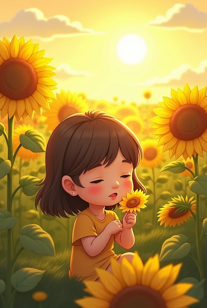 a blind girl sitting in a sunflowers field with many flowers around. She sits in the centre, she is small. Field on a small hill. The perspective is from the outside in. The sat next to the flowers and enjoyed the sunlight. The flowers are small and grow around. The sun shines down on the her, the girl is immersed in the sunlight. The is touching a flower, sunlight shining on her face. She is small. Cartoon picture. She is smaller than flowers. Flowers are higher than the girl. Just have a few flower. Have sunlight. She is blind, she is . She is blind