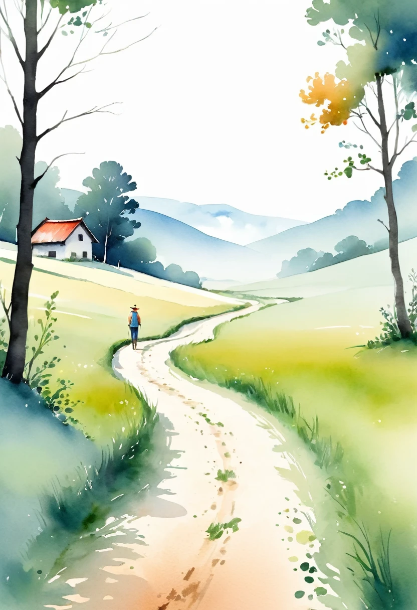 Minimalist rural life illustration, with a large amount of blank space, simple background, simple stroke style, healing style, watercolor effect, surrealism,Minimum,White background,The Trail,Minimalism,Huge negative space,Abstract,Comfortable color scheme, simple composition, healing style
