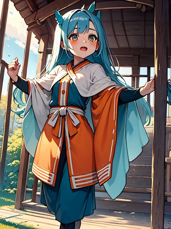 ((Highest quality)), ((masterpiece))、Small breasts are justice、Two Priestesses、Dance、guide、(Blue and silver long hair、Blue-green eyes)、(Scarlet long hair、Orange eyes)、Miko costume、morning haze、shrine