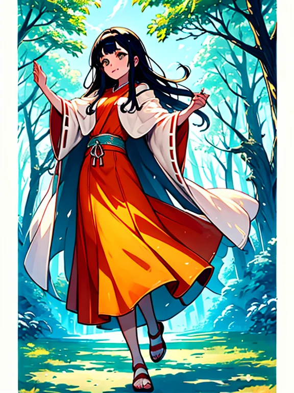 ((Highest quality)), ((masterpiece))、Small breasts are justice、Two Priestesses、Dance、guide、(Blue and silver long hair、Blue-green eyes)、(Scarlet long hair、Orange eyes)、Miko costume、morning haze、shrine