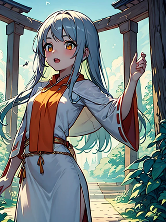 ((Highest quality)), ((masterpiece))、Small breasts are justice、Two Priestesses、Dance、guide、(Blue and silver long hair、Blue-green eyes)、(Scarlet long hair、Orange eyes)、Miko costume、morning haze、shrine