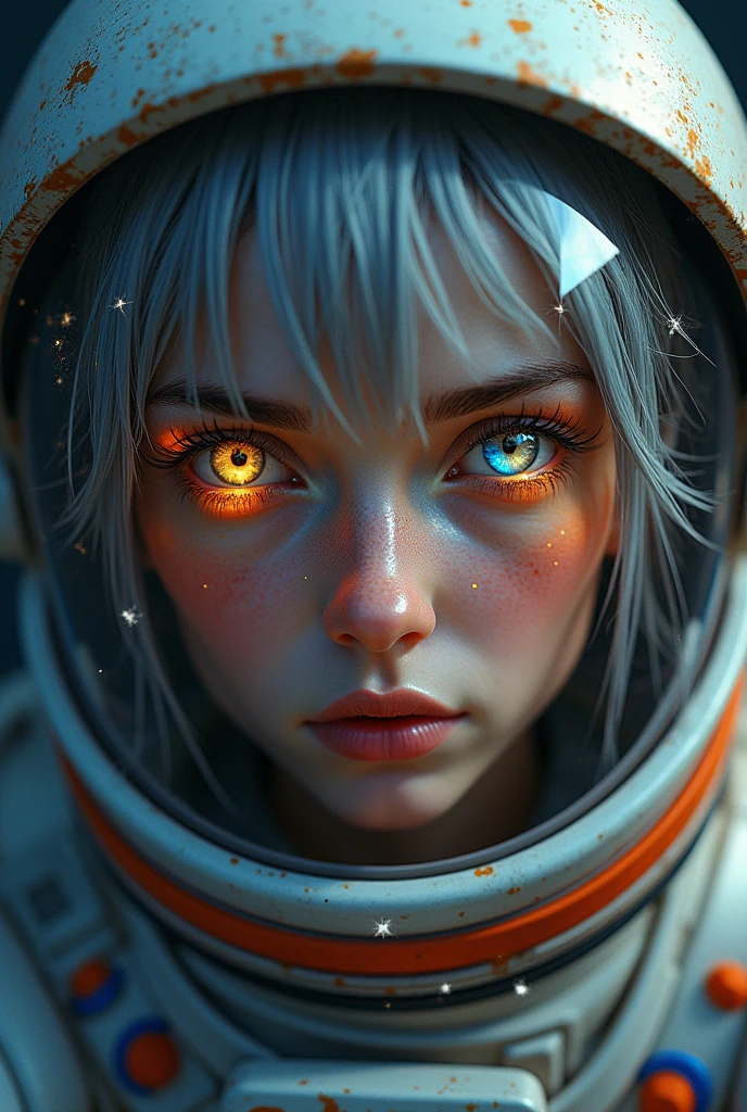(Close-up of a better masterpiece:1.5)0.9], (Space and astronauts:1.2) (Messy silver hair:1.1) (Heterochromia xanthochromia and blue eyes:1.2) (Space Helmet:1.0) (Colored stars in the eyes:1.0) (A radiant glow:1.1) (thick lips:0.9)