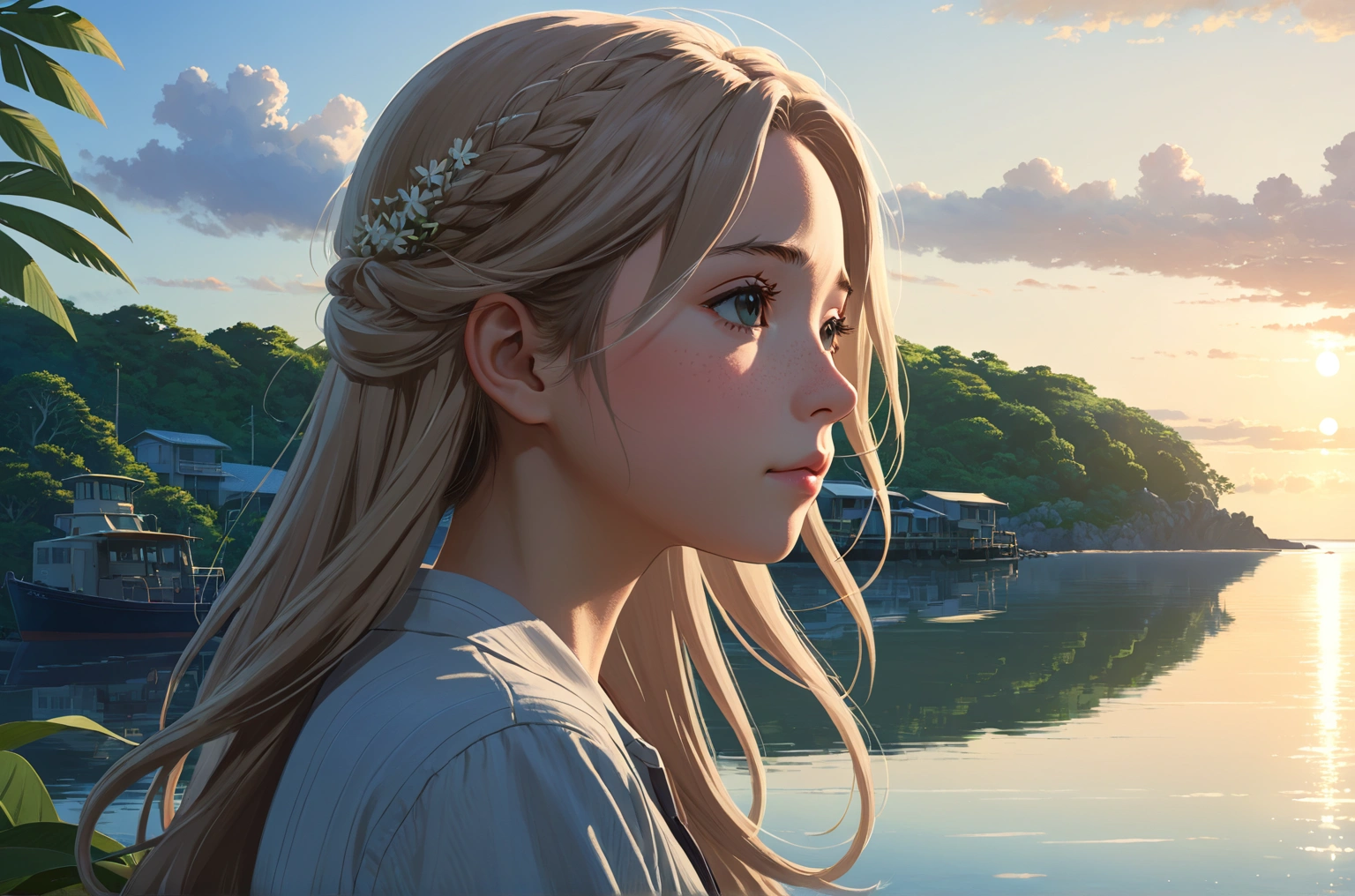 Uses Makoto Shinkai's depiction perfectly,Portrait of Halie Loren,8k 4k masterpiece photo ,Okinawa,Close-up of profile,Beautiful in profile,Semi-long hair,Ash-colored hair,Look in a different direction,Nestled on the lakeside,Quiet morning
