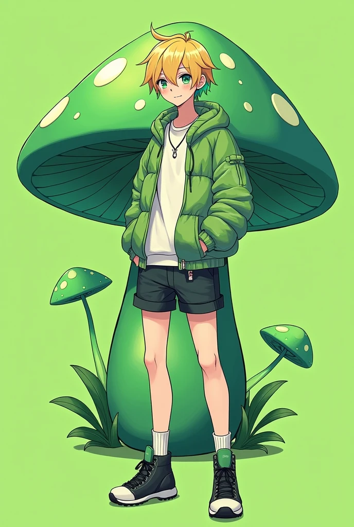gender: man
age: Hair color at age 15: Shiny blonde hairstyle:Cross your bangs to the right. Stand up some stray hairs on top. Dye the loose hair green.、The mesh is also green: Big and green、Mushroom-like contour: Cute boy clothes similar to women's: Idol-like style in shorts